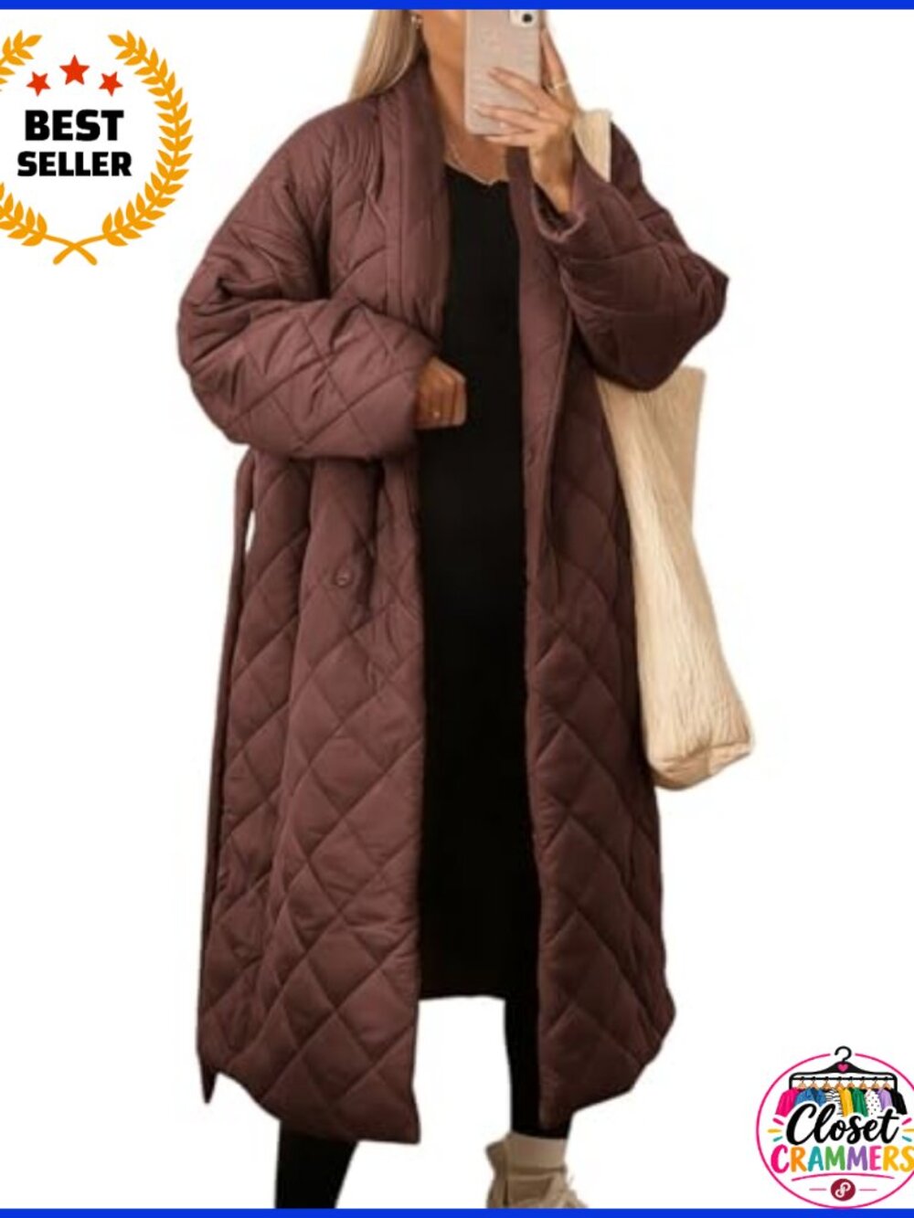 Women Oversized Quilted Down Belted Midi Puffer Coat - Picture 1 of 1